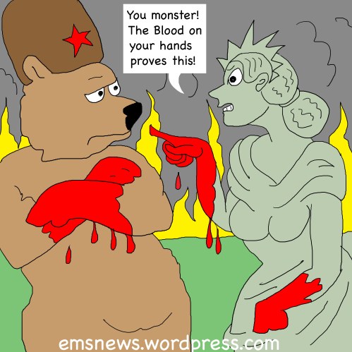 Lady Liberty covered with blood accuses Putin of being bloody